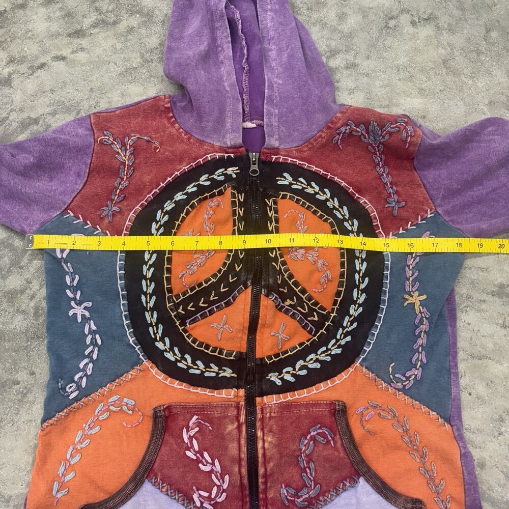 Vintage Kathmandu Imports Peace Patchwork Zip Up Hoodie Jacket Multicolor Hippie - Picture 6 of 7